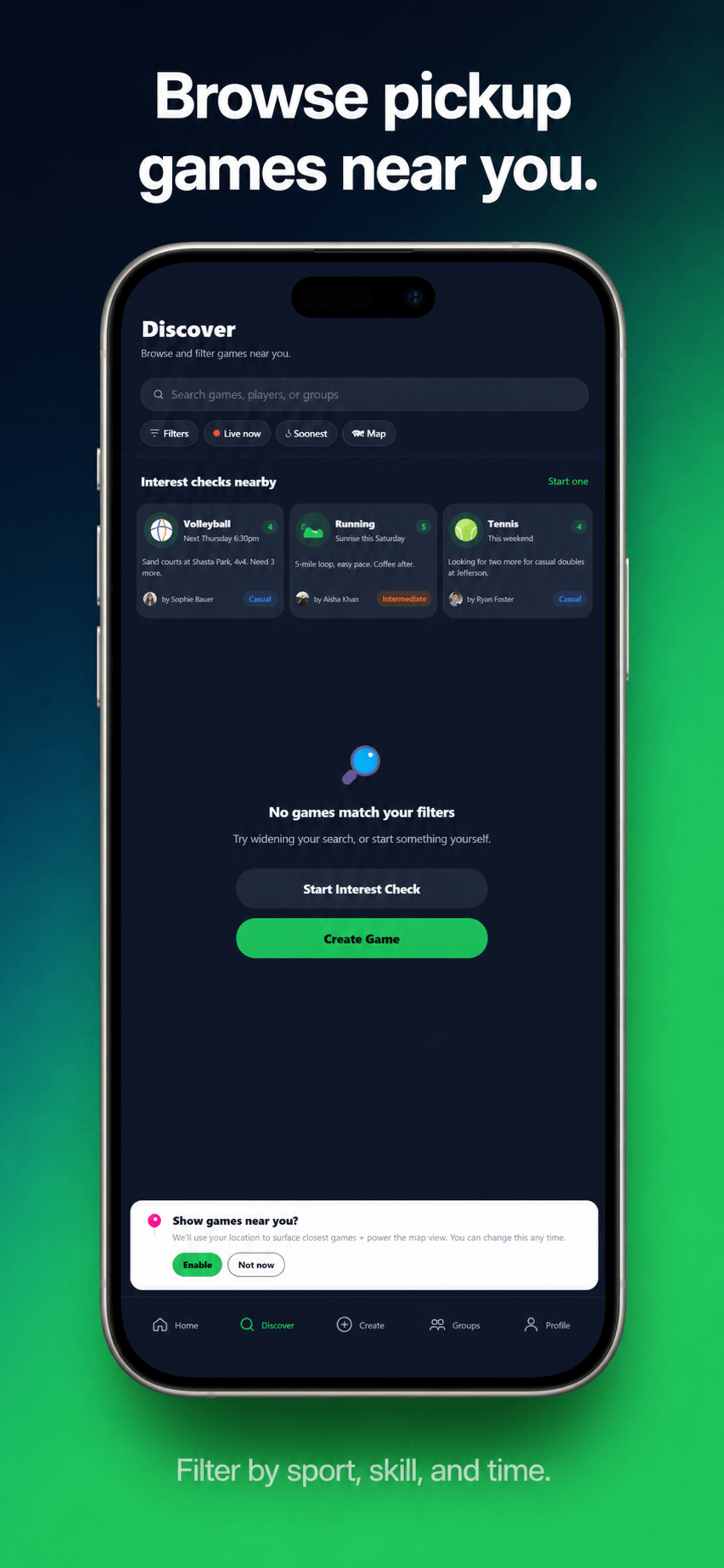 HexZen Discover screen with a live map of nearby games