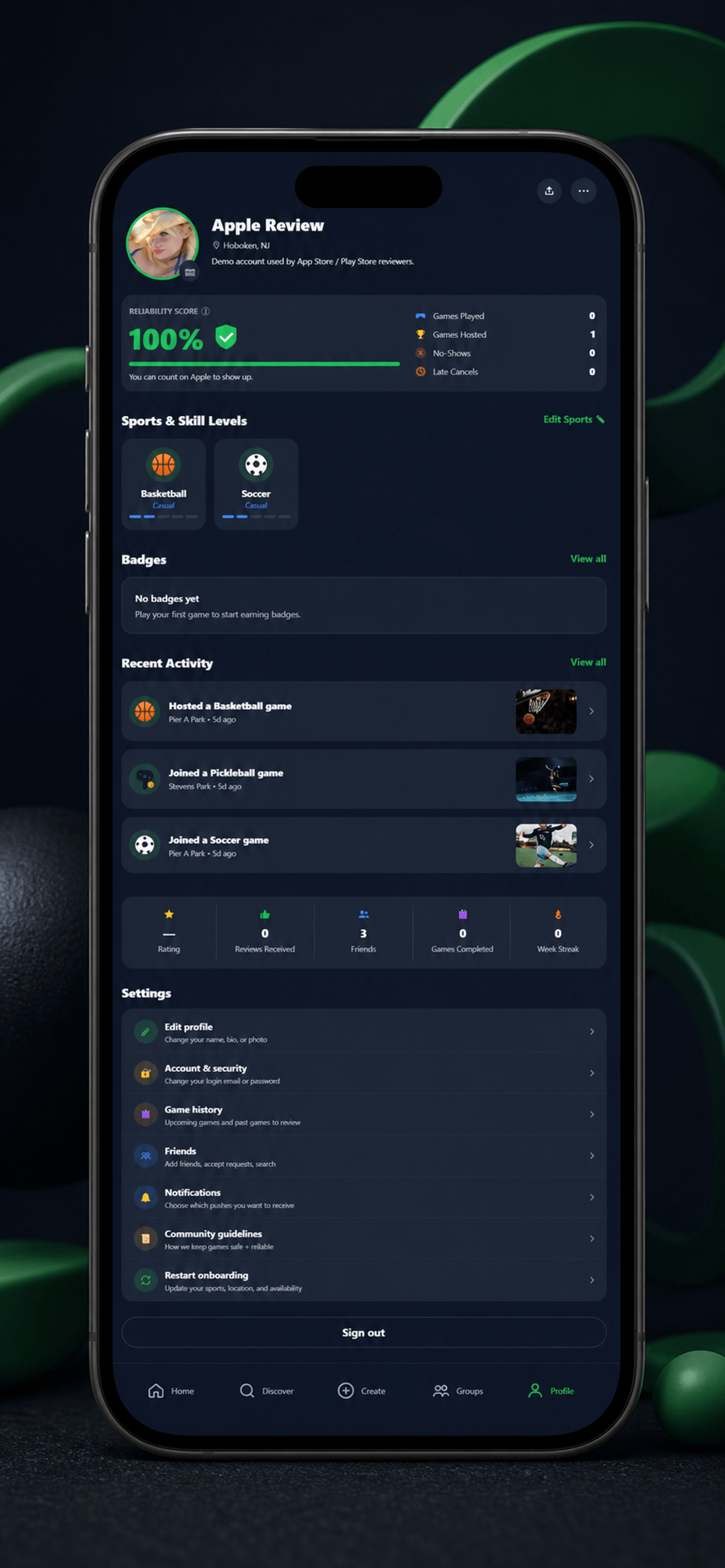 HexZen profile screen with ratings and badges